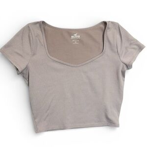 Hollister Ribbed Crop Top Neutral Taupe Square Neck Stretch Tee L